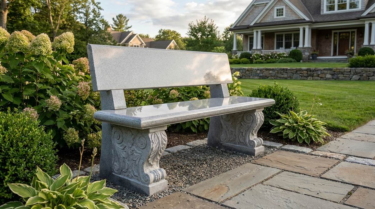 A polished granite garden bench with a straight back and intricately carved legs featuring acanthus leaf or classical scrollwork motifs. The smooth granite seat contrasts with the textured, rough-hewn legs, designed for formal pathways or garden entrances. Made from durable silver-gray granite that weathers gracefully and resists scratches, ideal for high-traffic outdoor areas.