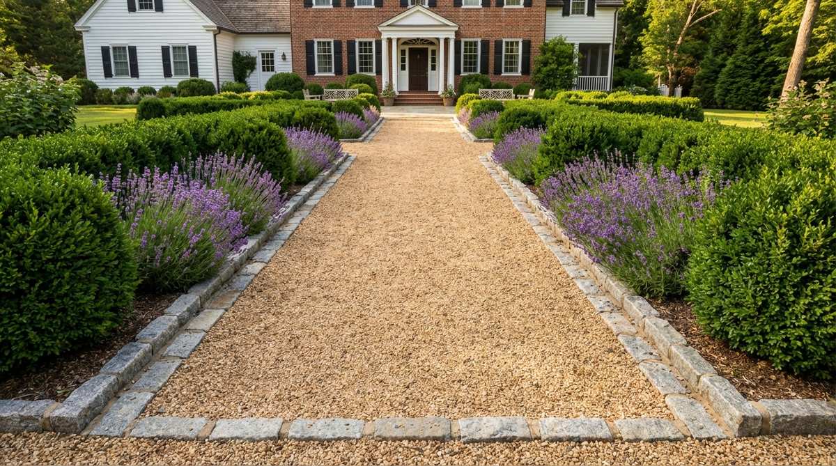 A formal gravel garden path with symmetrical boxwood or lavender lining, uniform width for two people, granite setts defining the perimeter, and tan or buff pea gravel, suitable for Colonial, Georgian, and farmhouse exteriors.