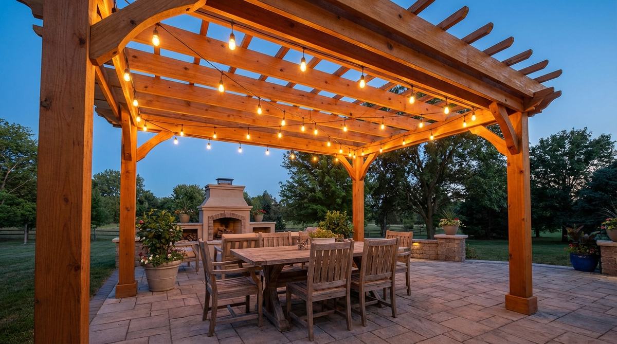 A decorative image showing warm-toned Edison string lights suspended across an outdoor pergola, creating a soft, inviting canopy effect with reduced harsh shadows, ideal for dining areas and architectural interest.