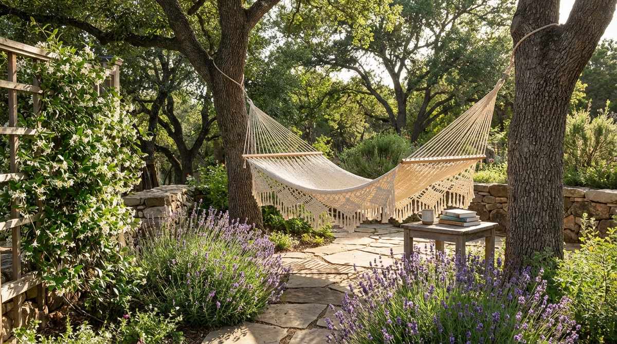 A handwoven macrame hammock suspended between mature trees in a boho garden, featuring intricate knotwork and natural cotton fibers. The hammock is positioned near fragrant lavender and jasmine plantings, creating a peaceful retreat for afternoon reading sessions.
