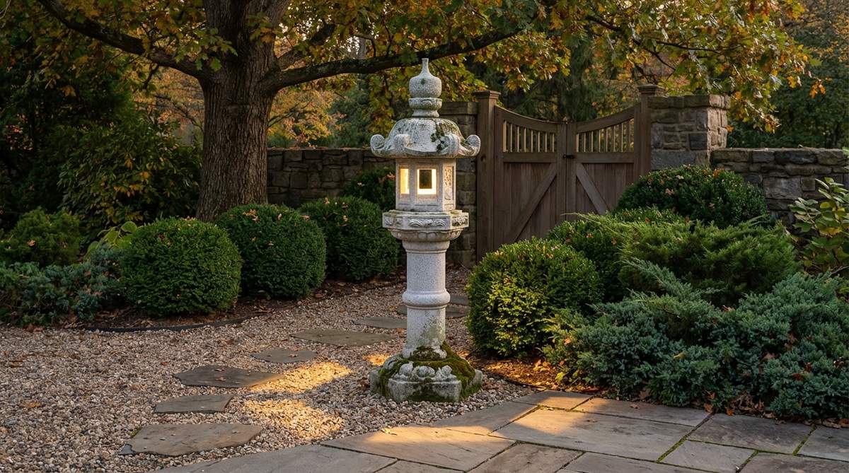 A tall, slender Japanese pedestal lantern made of hand-carved silver-grey granite, featuring a hexagonal light chamber that casts geometric shadows at dusk. Positioned near an entryway or garden transition, it stands 36 to 50 inches high, with a moss patina developing in shaded areas, and is paired with evergreen shrubs to highlight its vertical geometry.