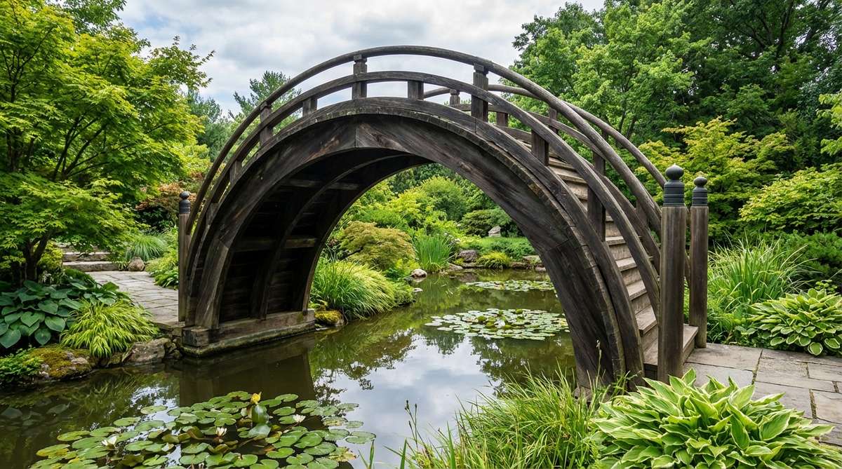 A highly arched taiko-bashi drum bridge with a steep 48-degree incline, mirroring the semi-circular shape of a traditional Japanese drum. The bridge creates a striking silhouette against sky and foliage as it rises dramatically over a pond, with curved railings following the arc precisely and vertical balusters emphasizing the ascent.