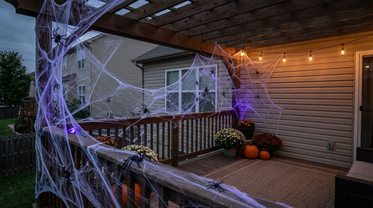 A Halloween balcony decorated with dense synthetic cobwebs covering railings and ceilings, featuring black plastic spiders and UV-reactive webbing that glows under blacklight for an eerie effect.