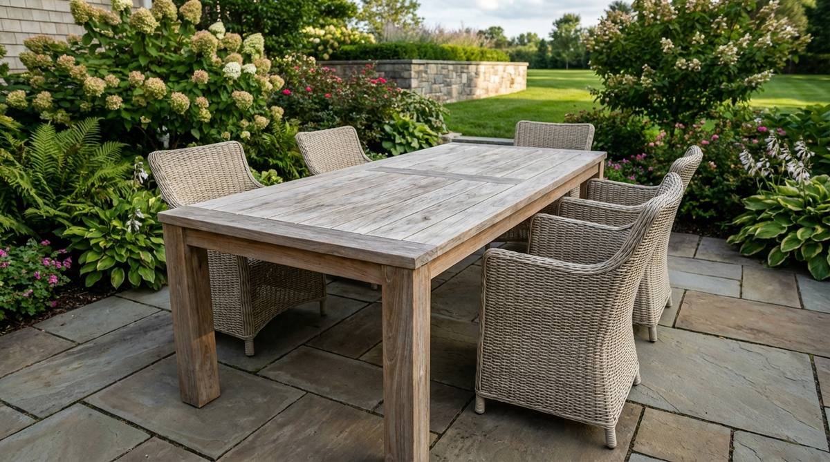 A durable teak dining table with a natural finish, ideal for outdoor use, featuring a dense grain structure that resists moisture and develops a silvery patina over time. Positioned to showcase wood grain direction, it pairs well with lighter-toned chairs and complements lush gardens, stone pavers, and green foliage.