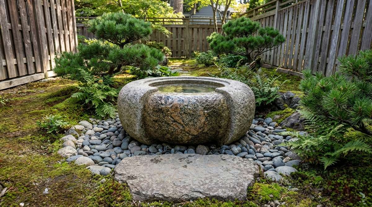 A traditional Japanese Tetsu Bachi granite basin hand-carved from solid stone, featuring a round monk's bowl design with thick walls and unique crystalline patterns. This water basin sits low to the ground as a focal point in a Japanese garden, used for hand-washing rituals with a front stepping stone.