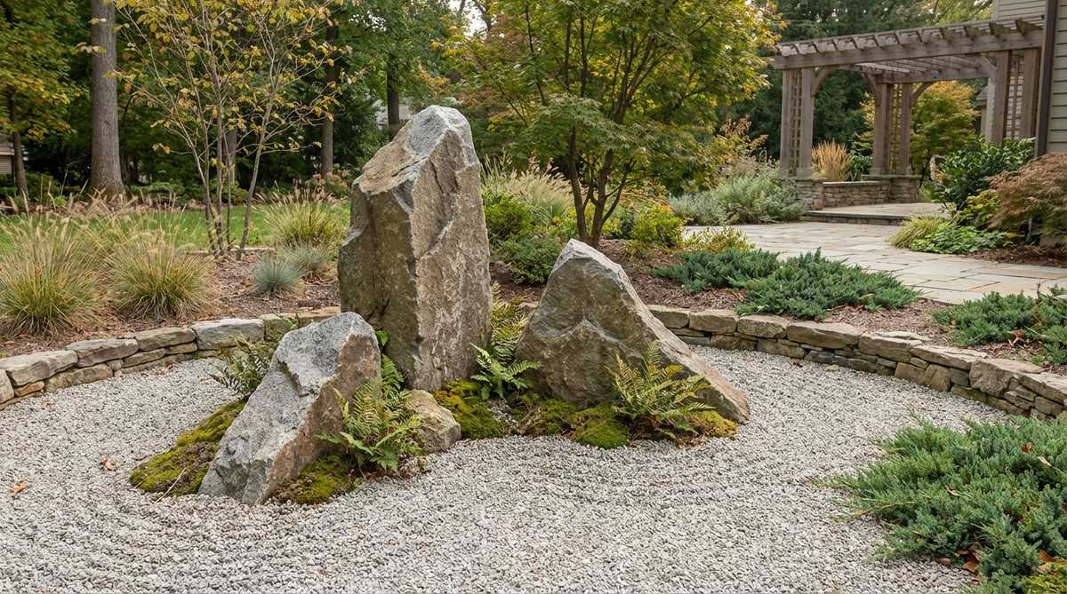 A classic Zen garden rock arrangement featuring three angular boulders in a triangular formation, symbolizing the Buddhist trinity. The tallest stone, rising 3-4 feet, is offset from center with supporting stones at 50% and 40% of its height, buried 70-80% deep to create a mountain-emerging-from-clouds illusion. Oriented for dramatic viewing, this asymmetric composition adds vertical interest and guides the eye through flat landscapes.