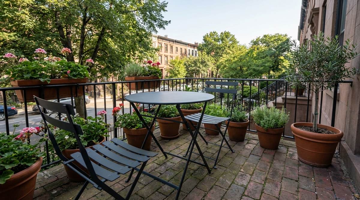 A wrought iron bistro set with a powder-coated finish, featuring a folding round table and stackable chairs, designed for compact storage on urban balconies.