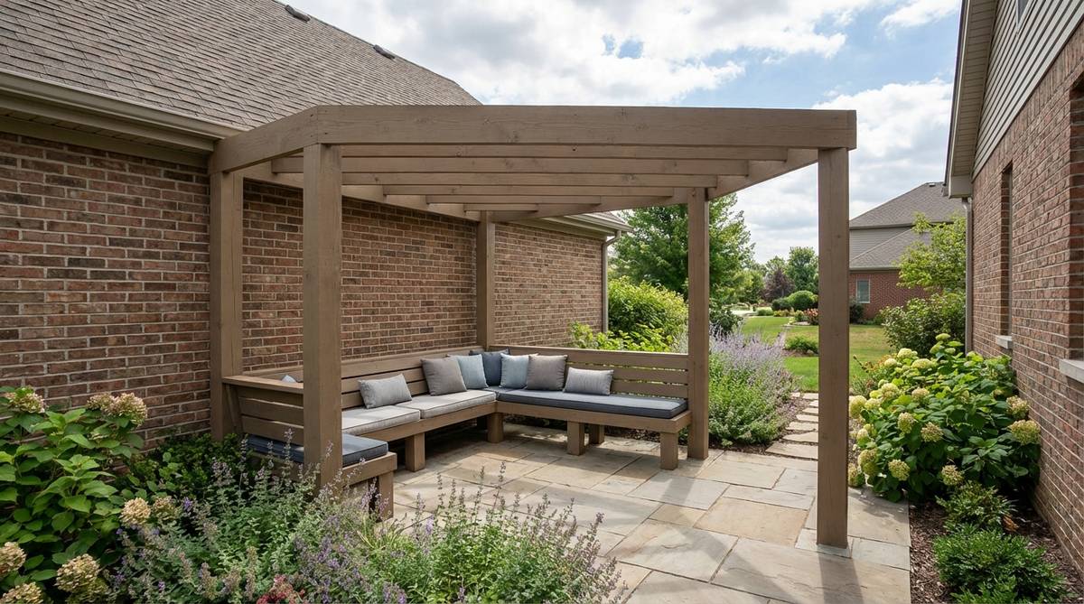 A compact three-post corner pergola installed in a small garden, utilizing an L-shaped patio corner with two walls and one freestanding post. The triangular structure creates a cozy seating nook with built-in benches, framed by 95mm posts in an 8x8 foot configuration that maintains open sightlines across the garden space.