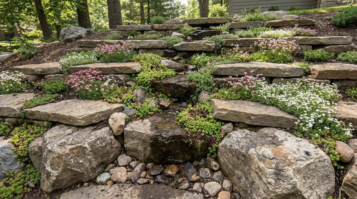 A tiered alpine cascade rockery design showing multiple planting terraces built with flat-topped stones arranged horizontally across a slope. Saxifrages and sedums cascade downward from planting pockets in each tier, with boulders at the base and stones angled slightly backward to direct water into planting zones. The design creates distinct moisture zones while maintaining a natural visual flow from top to bottom.