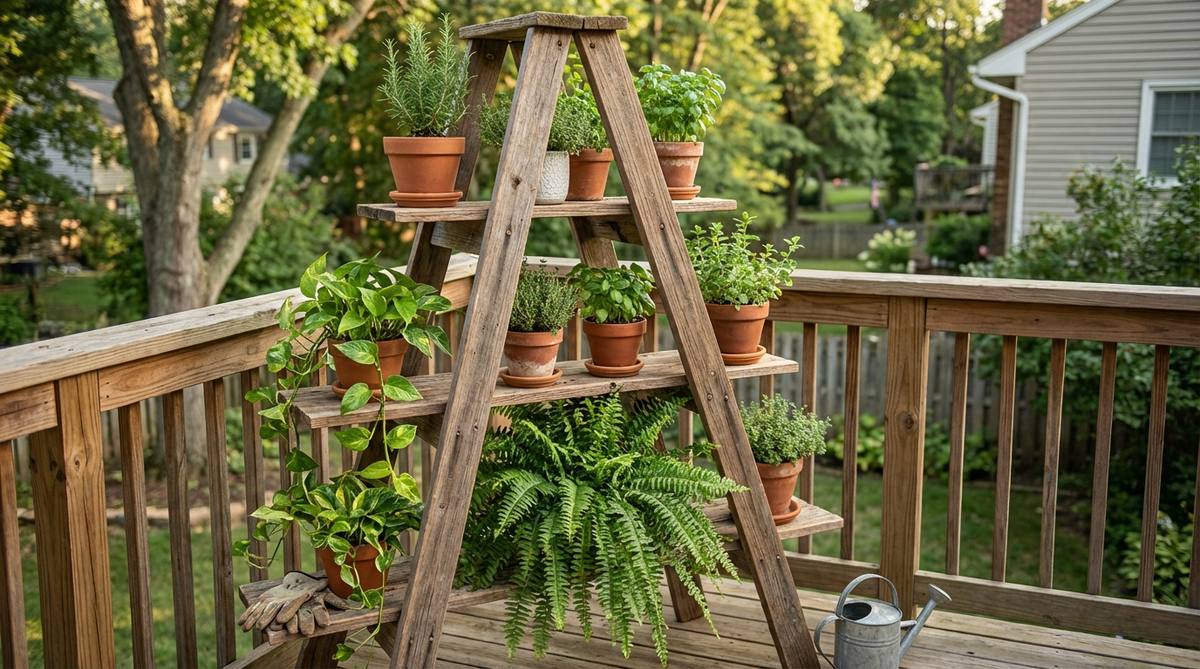 A vertical wooden ladder planter display on a balcony, featuring cascading plants at different heights with ferns and pothos on lower rungs and sun-loving herbs on top. The open framework provides air circulation and rustic charm.