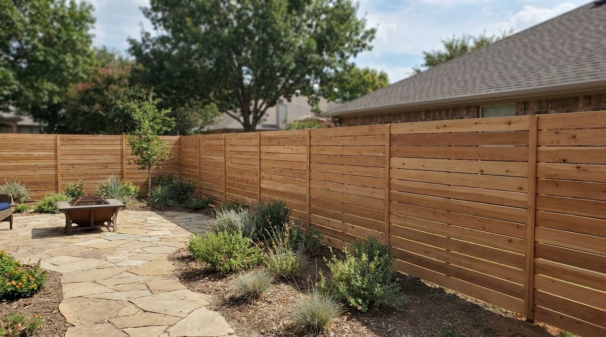 A modern garden fence featuring tight-gap horizontal cedar panels, showcasing clean geometry and maximum privacy with subtle air circulation. The cedar boards are installed with consistent quarter-inch spacing using stainless steel fixings, highlighting natural warmth and decay resistance without chemical treatments.