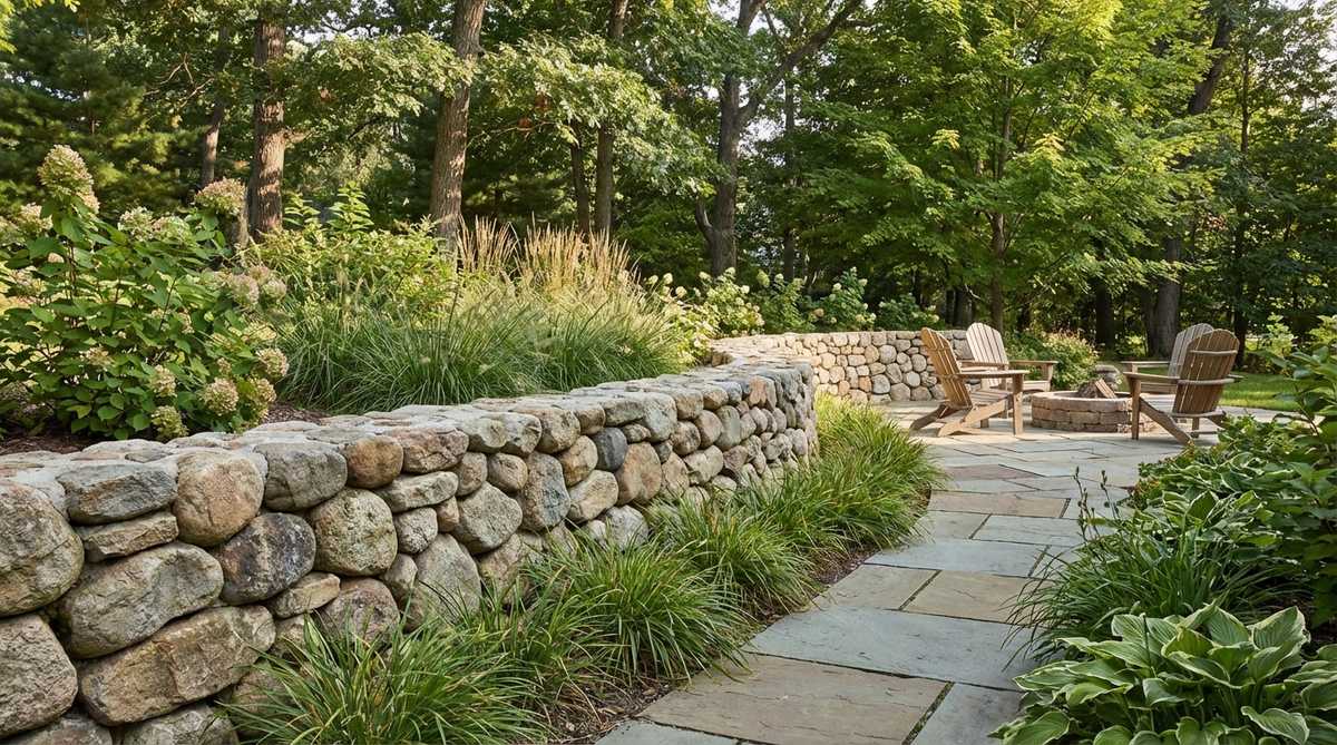 A rustic fieldstone retaining wall built with rounded stones in a garden setting, showcasing natural interlocking shapes and organic aesthetic, suitable for walls under 3 feet tall.