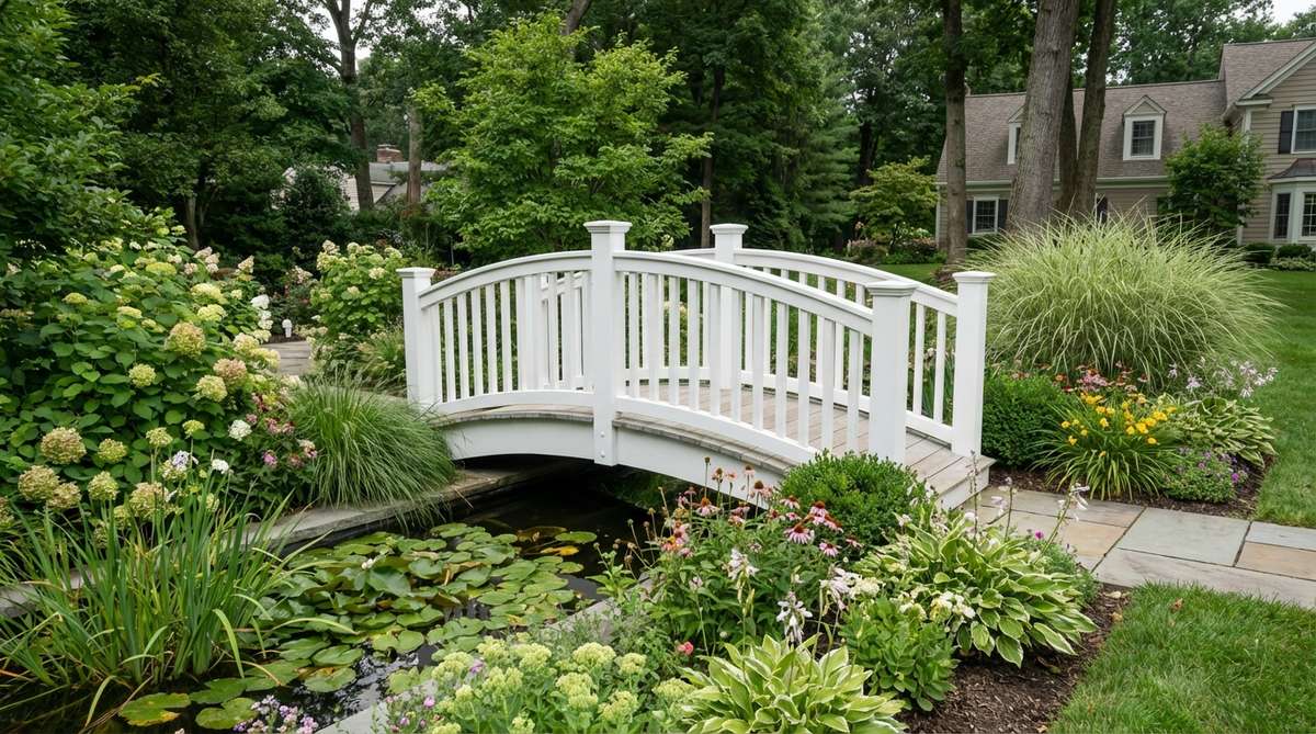 A classic white arched garden bridge with clean lines and gentle curves, made from painted wood or composite materials, spanning 4-6 feet over a narrow pond or water feature in a cottage or formal garden setting.