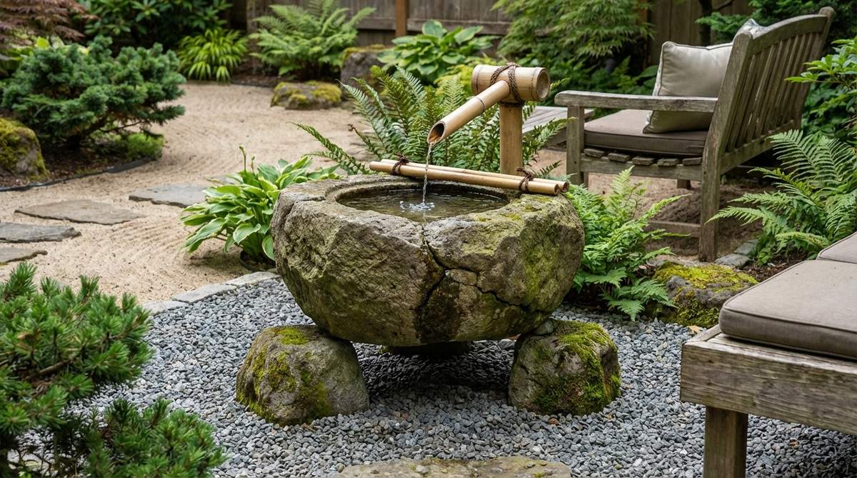 A traditional tsukubai stone basin with bamboo kakei water feature in a zen garden. The low stone basin is carved from a single boulder with natural weathering patterns, positioned on a gravel bed with three supporting stones. Water drips steadily from the bamboo spout, creating resonant acoustic tones as droplets strike the stone surface. This configuration produces overlapping frequencies with sharp percussive notes from the bamboo drip and softer ambient sounds from overflow, designed for meditative benefits when positioned near seating areas.
