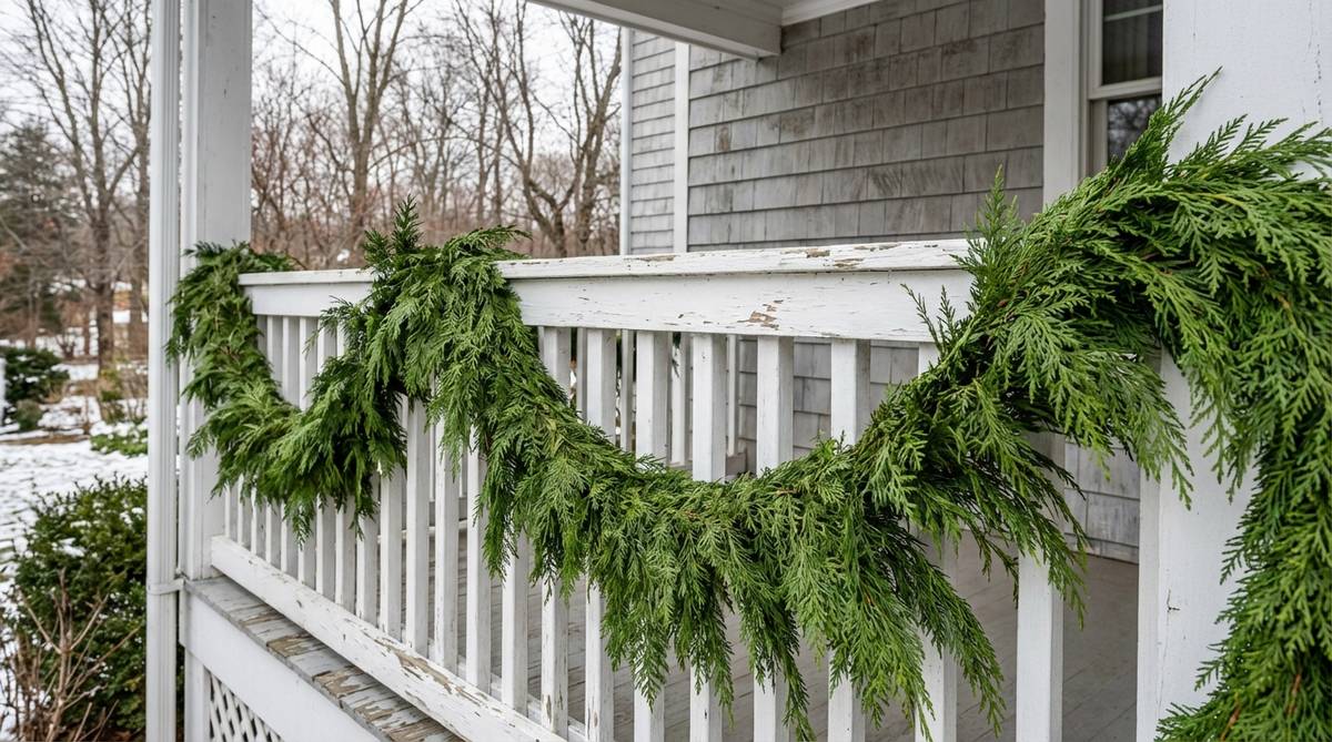 A fresh cedar garland draped across porch railings, providing visual warmth with natural green color that contrasts against white-painted wood or weathered gray siding, suitable for winter outdoor decor.
