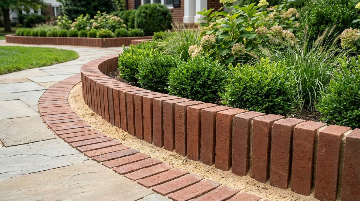A formal garden border with bricks positioned vertically on their narrow edge, creating a uniform 7-8 inch high architectural boundary along a planting bed or pathway, set in a sand bed for stability and alignment.