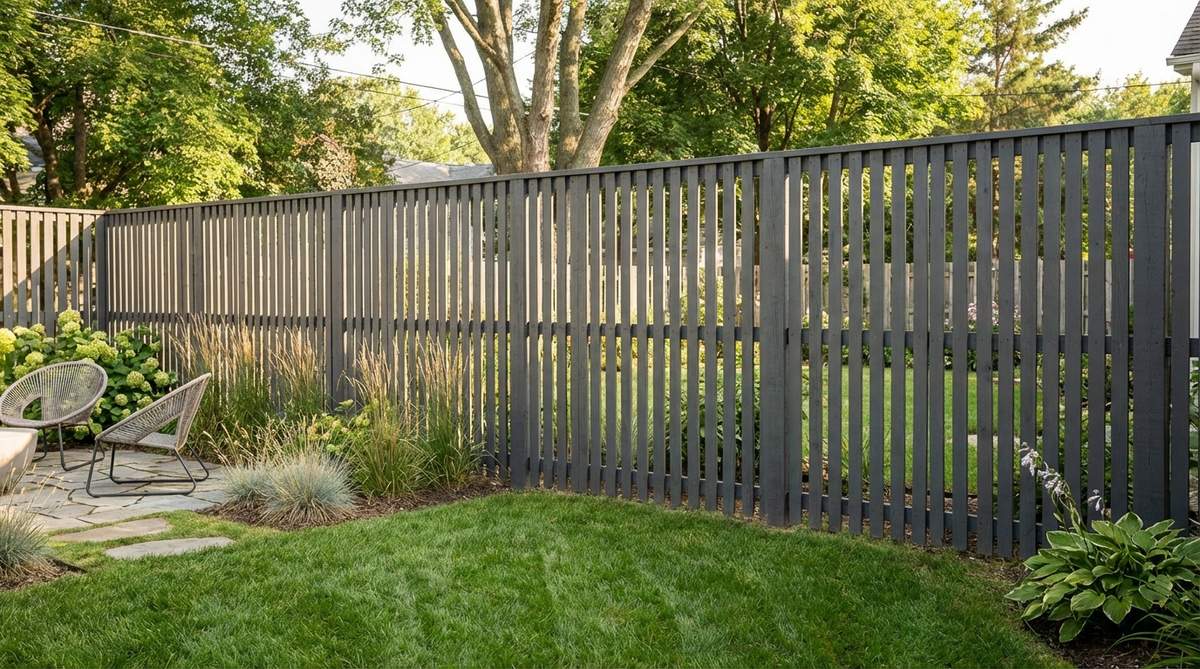 A vertical narrow slat fence with boards spaced one to two inches apart, creating a rhythmic pattern that visually expands compact yards. The semi-transparent screen obscures direct sightlines while maintaining a connection to the surrounding landscape, complemented by charcoal or soft grey stain for a contemporary aesthetic.