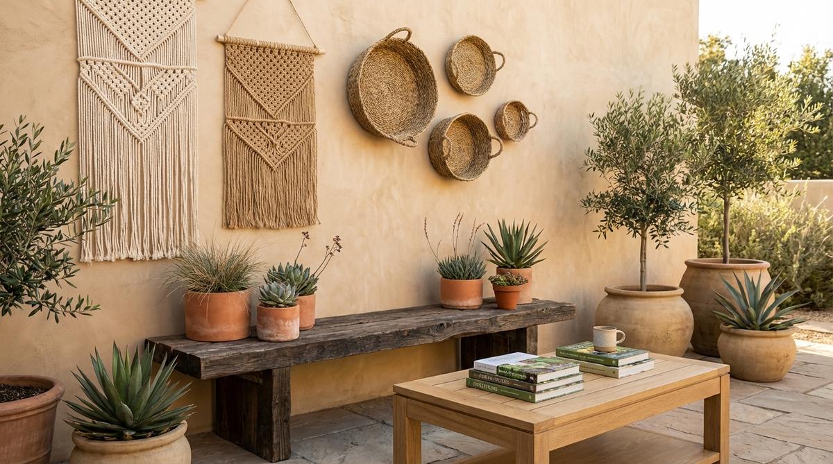 A warm beige wall treatment that mimics sun-baked desert clay, creating an inviting canvas for earthy boho decor. This versatile neutral pairs with light and dark wood tones while providing warmth to prevent a sterile feel. The monochromatic approach allows textured elements like macramé wall hangings and woven baskets to stand out as focal points.