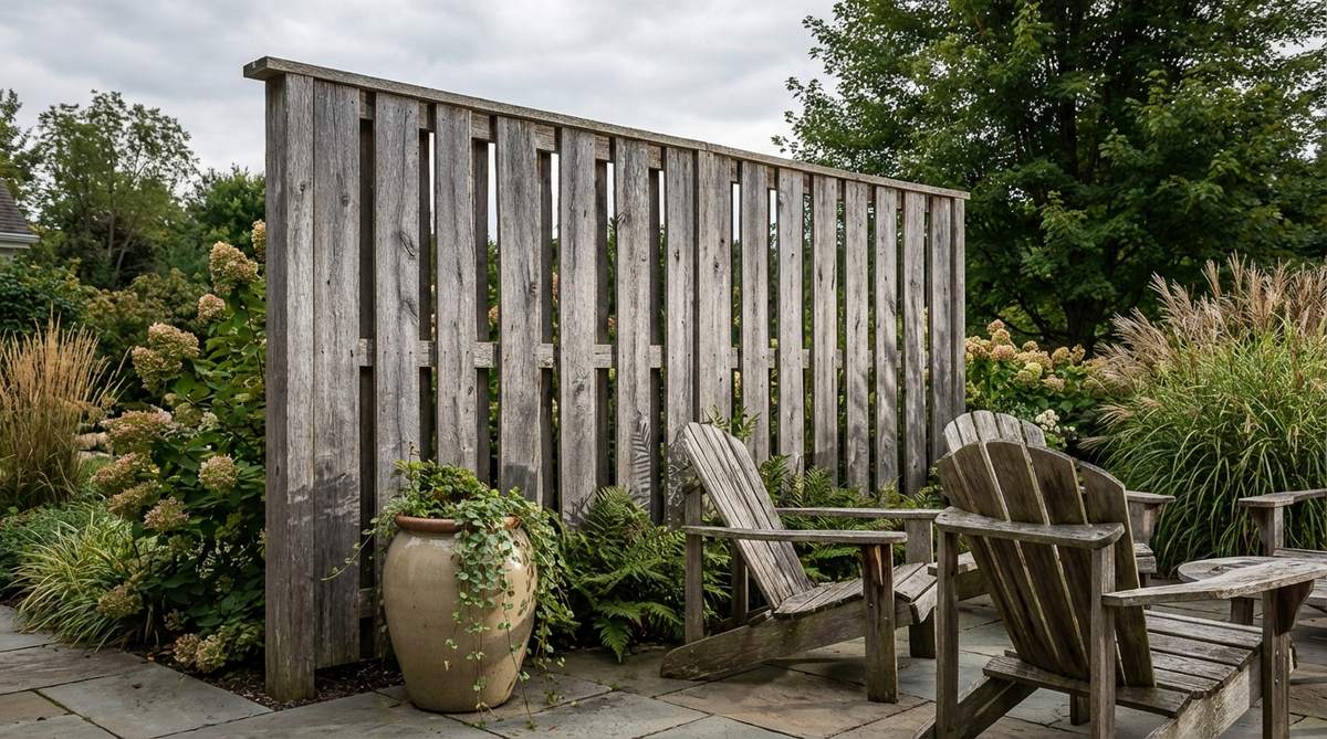 A rustic outdoor privacy screen made from weathered barn wood, featuring silvered gray tones, dimensional texture, and intentional gaps for air circulation and filtered light. Ideal for defining outdoor rooms and complementing greenery in farmhouse-style decor.