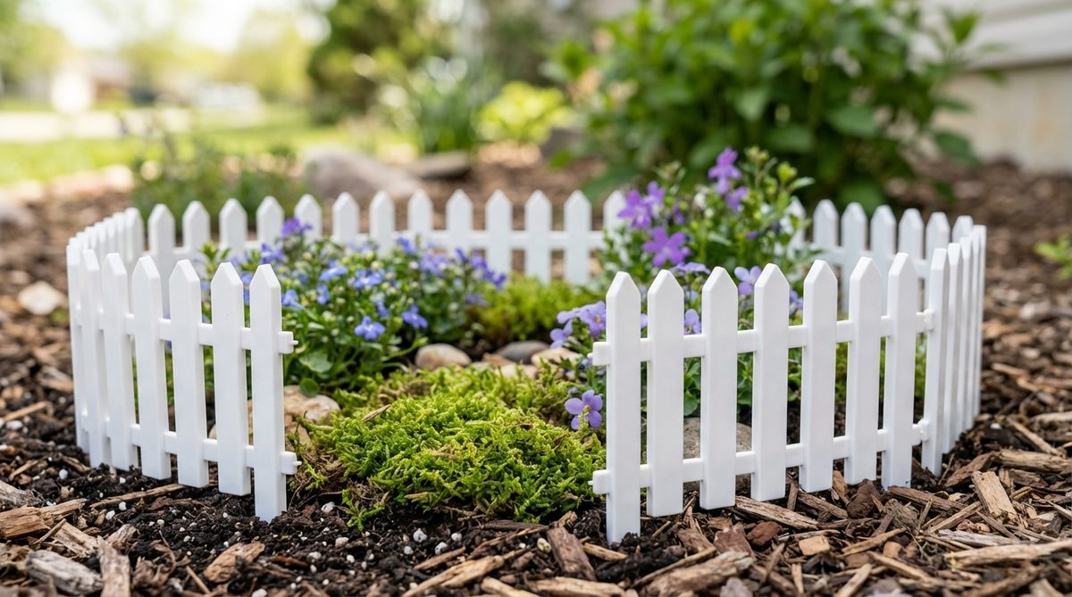 A close-up view of small white picket fence sections in a miniature garden or terrarium, showcasing clean vertical slats with pointed tops that create rhythmic patterns. The fence frames flowering plants and moss, reflecting light to brighten the enclosed space while maintaining a crisp, cottage garden aesthetic. Made from plastic or resin, these sections are ideal for flexible positioning around curves and uneven terrain.