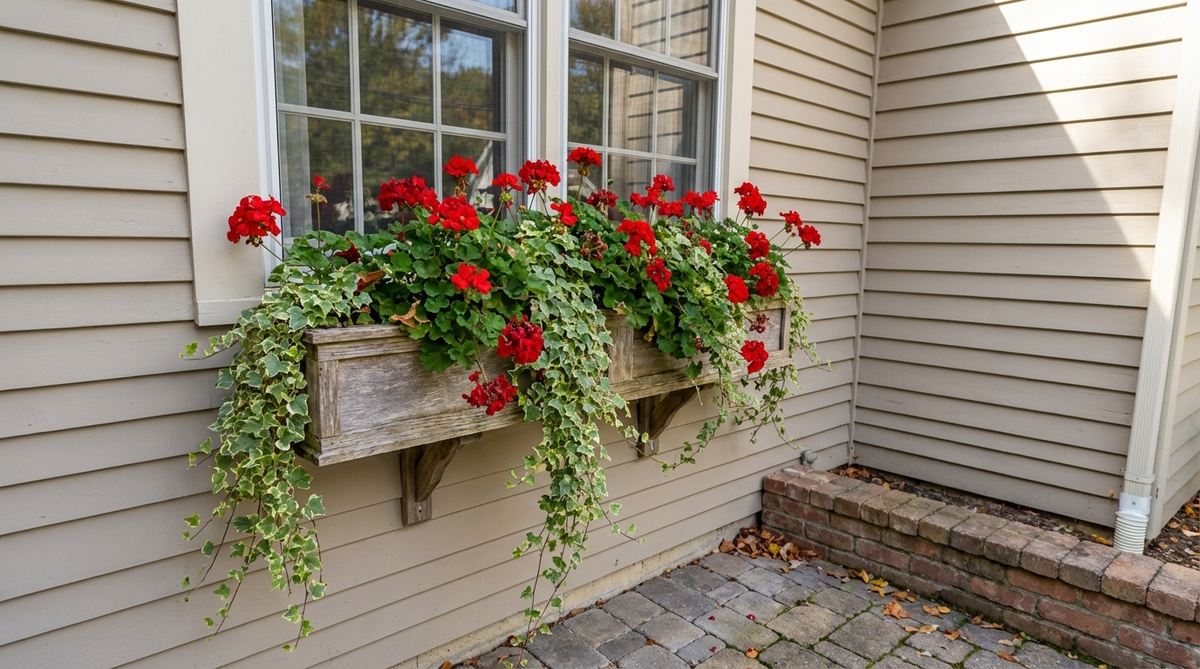 A decorative window box filled with cascading geraniums and ivy, adding height and greenery to a home facade with limited ground space, showcasing seasonal plant transitions for curb appeal.