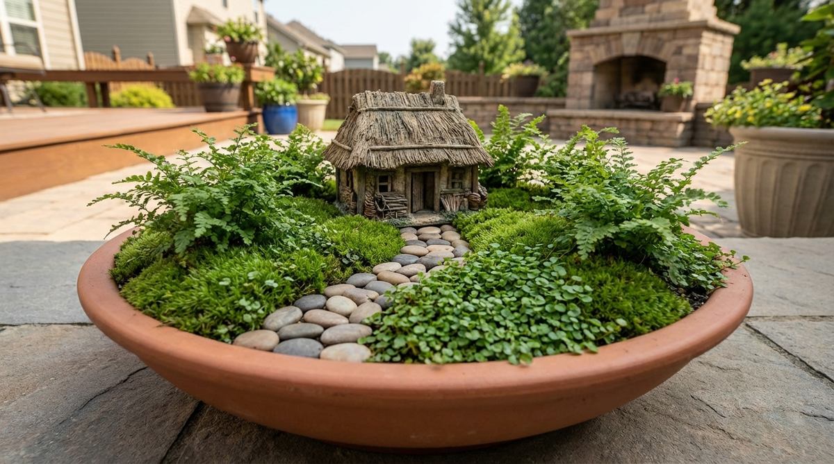 A miniature thatched cottage in a mini garden, surrounded by Irish moss and baby's tears, with a winding stone pathway made of flat river pebbles. Dwarf ferns create a forest clearing effect, ideal for wide, shallow containers.