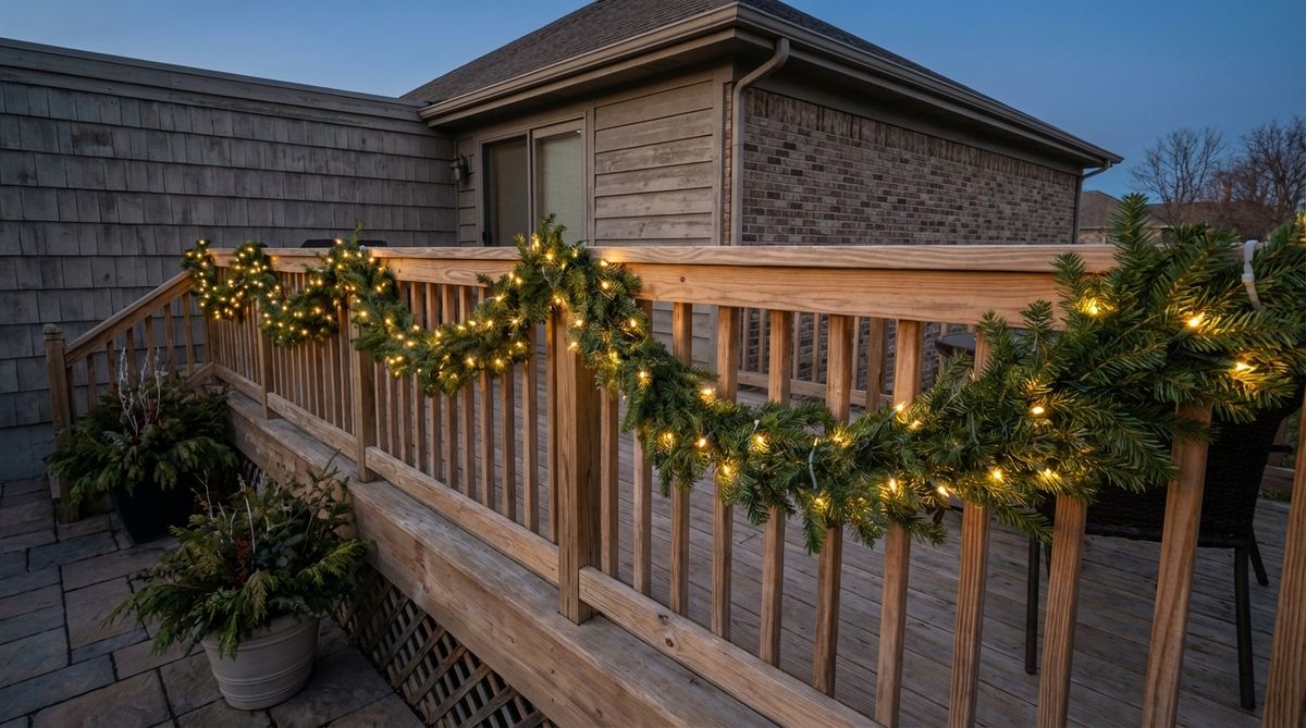 A Fraser fir or pine garland wrapped around a balcony railing with warm white LED string lights woven through it at six-inch intervals, creating a traditional Christmas display with balanced illumination and secure installation using zip ties.