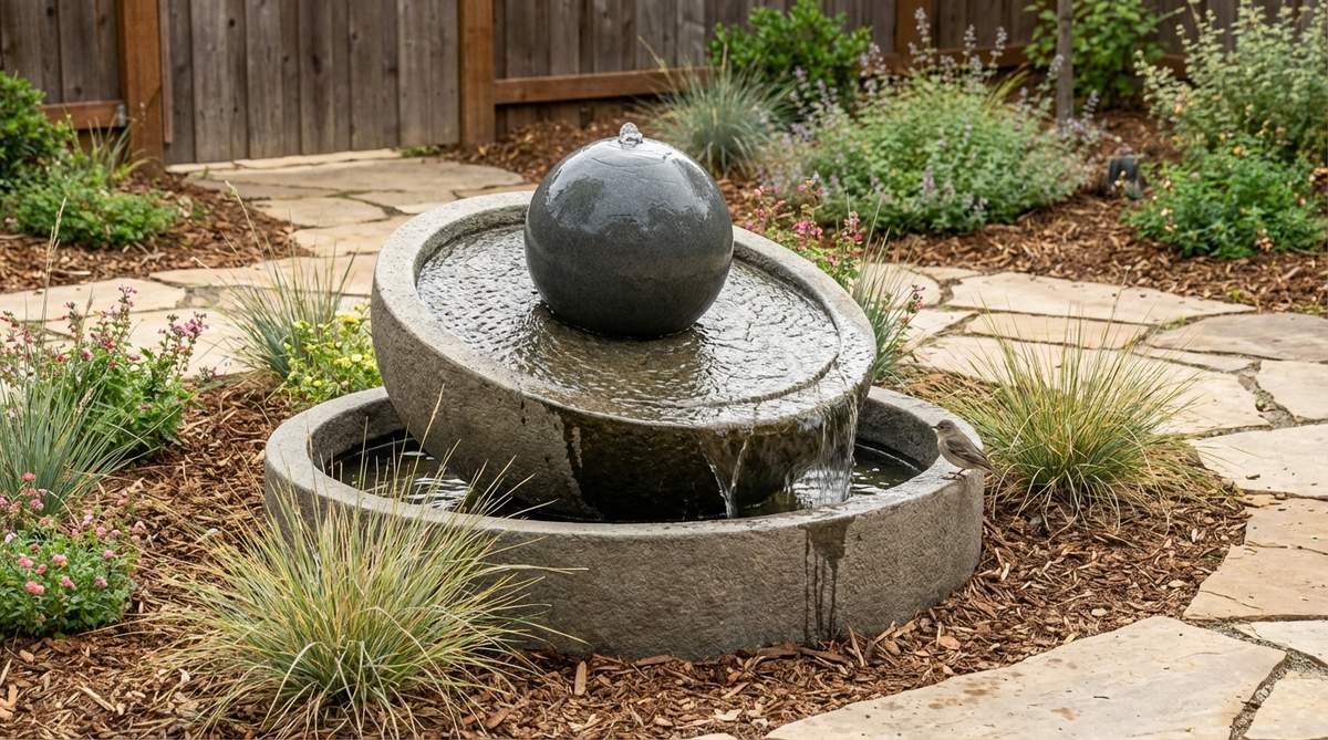 A small garden fountain featuring a zen sphere with water flowing from its apex down a curved surface into a cast stone basin. The round design offers flexible placement in garden beds or as pathway markers, with cast stone construction that withstands freeze-thaw cycles. Ideal for attracting songbirds and adding acoustic benefits to outdoor spaces.