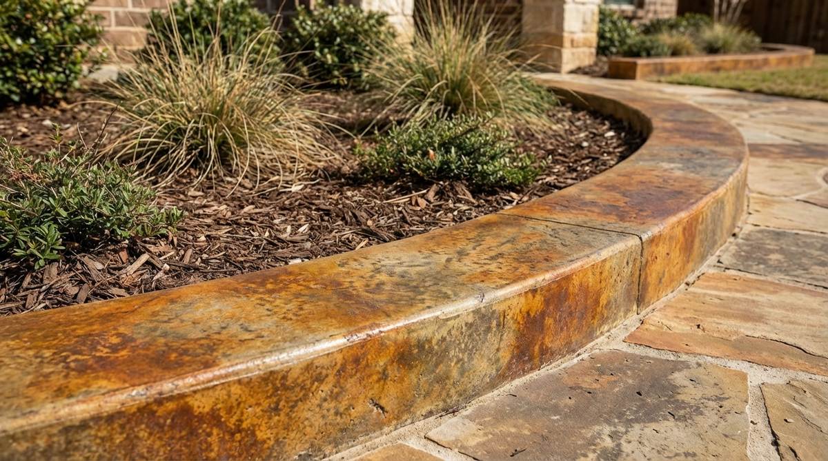 A close-up view of acid-stained concrete borders showcasing variegated earth tones like amber and copper, with mottled patterns that resemble aged stone, used as a durable and artistic garden edging solution.