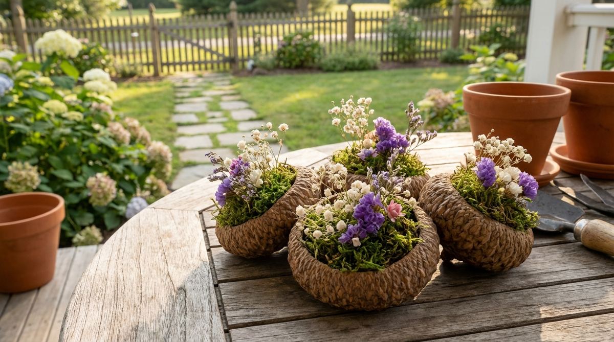 Large acorn caps filled with tiny dried flowers and preserved moss create miniature planters for fairy garden displays. These natural vessels feature bur oak caps filled with polymer clay or floral foam bases, decorated with baby's breath, statice, or silk flowers. Perfect for tabletop arrangements on windowsills, porches, or garden tables, these biodegradable planters decompose over one to two seasons for seasonal refresh.