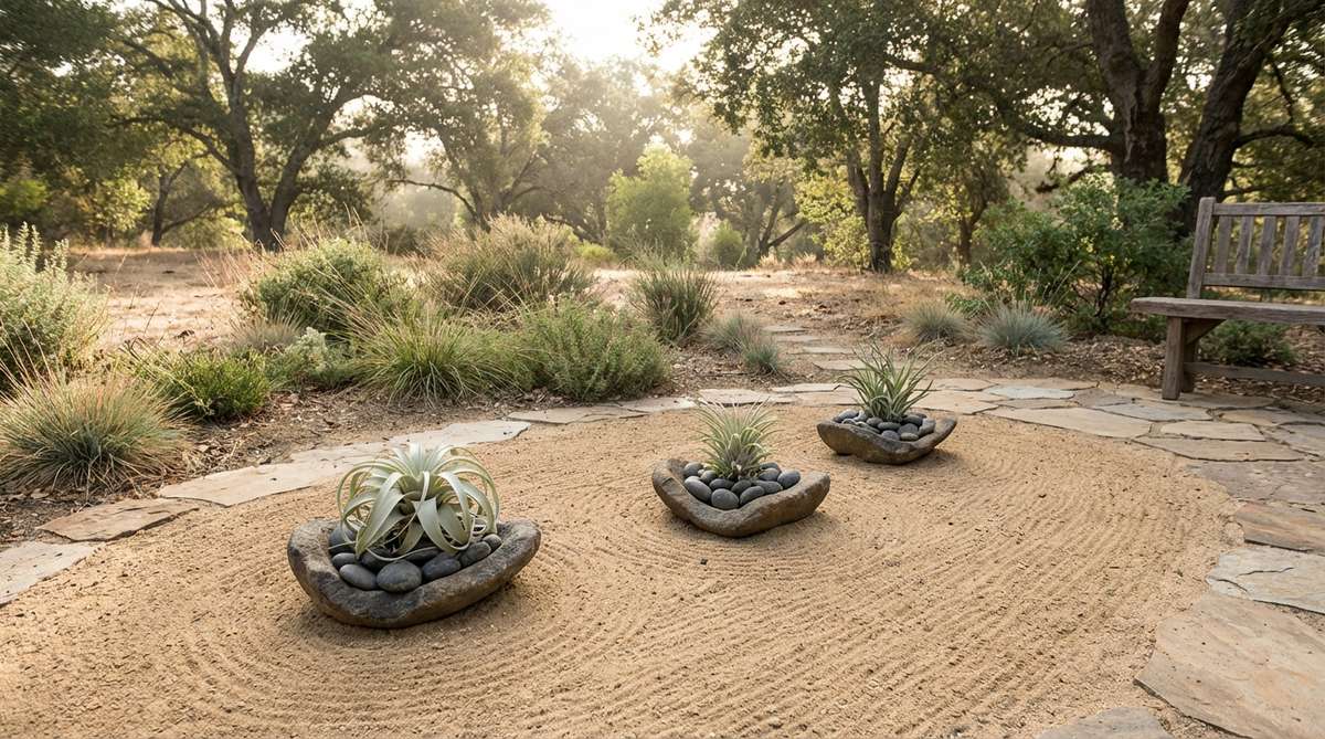 Three tillandsia air plants arranged in small stone cradles on sand surface, creating a low-maintenance living element for meditation. This soil-free combination requires weekly soaking and placement as part of a mindful routine.