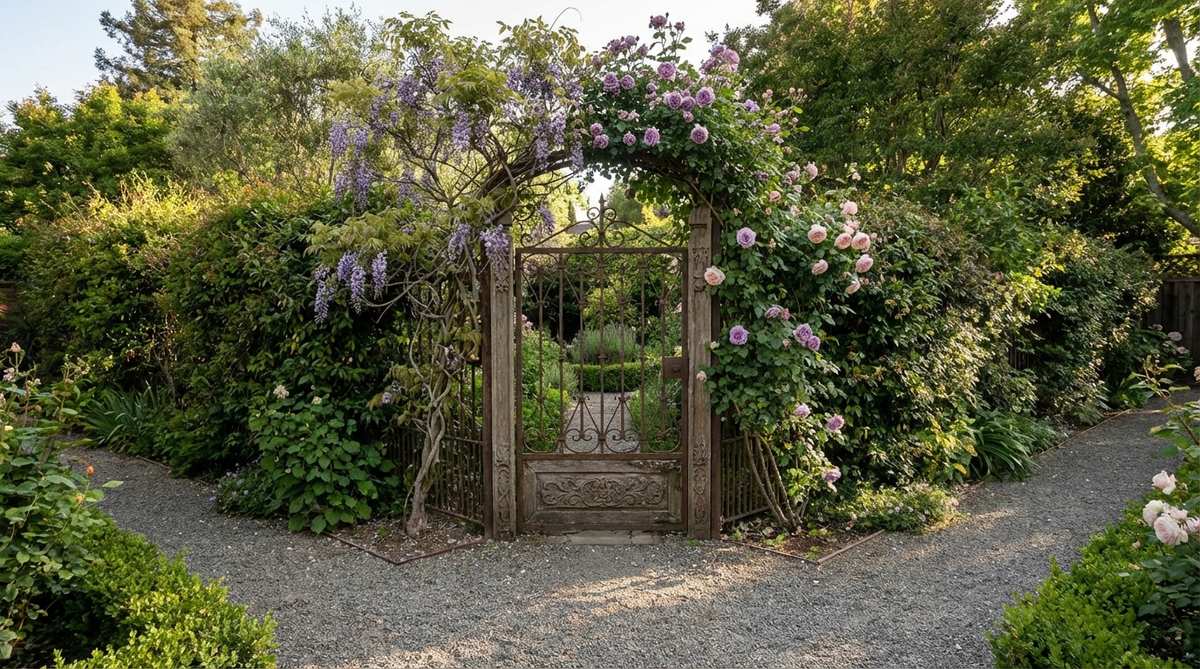 A freestanding antique garden gate with decorative metalwork or carved wood panels, placed as a vertical focal point among lush plantings to create the illusion of a secret passage. Climbing vines are trained over the frame, integrating it into the garden tapestry at a pathway intersection.