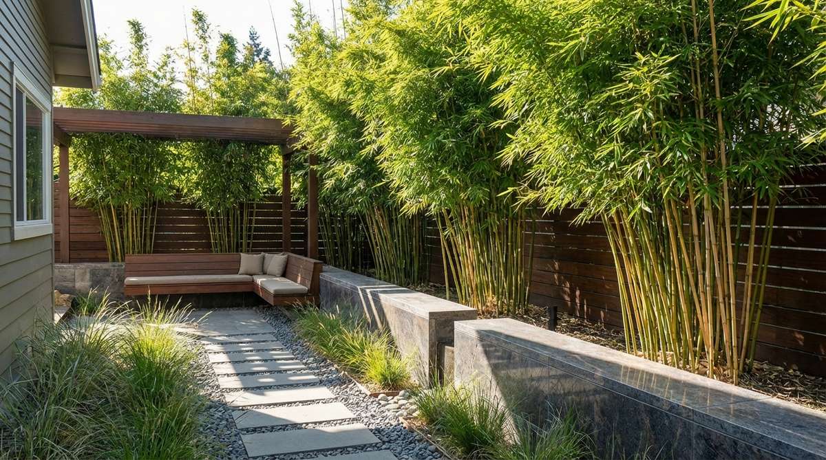 Clumping bamboo varieties arranged in linear patterns to create living privacy screens in a modern Japanese garden setting, showcasing vertical culms and rustling foliage that add movement and sound while maintaining controlled growth with species like Bambusa multiplex.