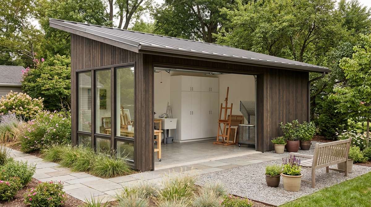 A modern garden shed designed as an artist studio featuring large north-facing windows for consistent, color-accurate natural light, ideal for painting and detailed visual work. The interior includes full-height storage cabinets on the south wall, a utility sink for water-based media, and concrete floors for easy cleanup and thermal stability. Sized at a minimum of 10x14 feet, it accommodates easels, drying racks, and material storage, providing a functional and inspiring creative space.