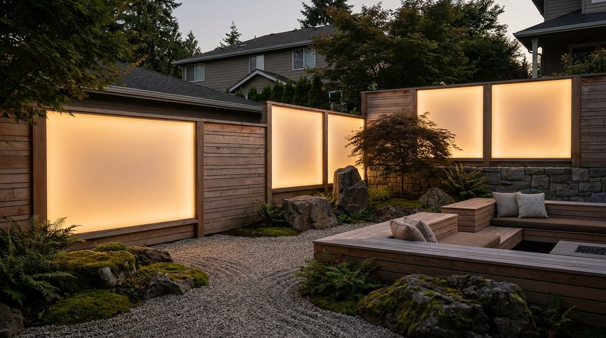 A modern Japanese rock garden featuring backlit translucent panels made of frosted acrylic or resin sheets embedded in garden boundaries. The panels are illuminated from behind by LED strips, creating a soft, diffused glow that serves as ambient lighting. This atmospheric background lighting is ideal for evening meditation sessions, with programmable systems allowing color temperature shifts from warm amber to cool white. The panels define spatial boundaries while maintaining visual lightness, blending traditional garden elements with contemporary lighting design.