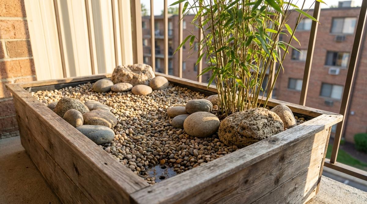 A rectangular planter filled with pea gravel and accent stones creating a meditation spot on apartment balconies, featuring dwarf bamboo or small evergreen for vertical interest with proper drainage.
