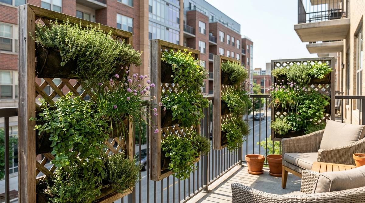A vertical herb garden privacy screen on a balcony, featuring lush green panels with trailing thyme, cascading oregano, and flowering chives on lattice frames mounted to railings, providing privacy while allowing light and air to pass through in an urban apartment setting.