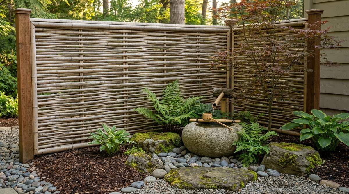 A low bamboo fence or woven screen panel serving as a vertical backdrop for a tsukubai water feature in a Japanese garden, providing intimate enclosure, filtered views, and a neutral setting for stone compositions, with typical heights of 36-48 inches to screen mechanical components without visual heaviness.