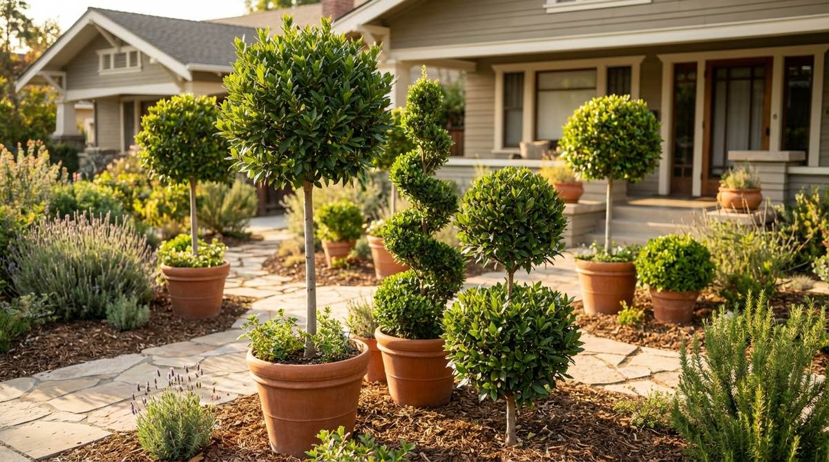 An aromatic evergreen bay laurel tree, ideal for small gardens, showcasing its culinary leaves and topiary shaping into standards, spirals, or globes, thriving in full sun to partial shade with drought tolerance once established.