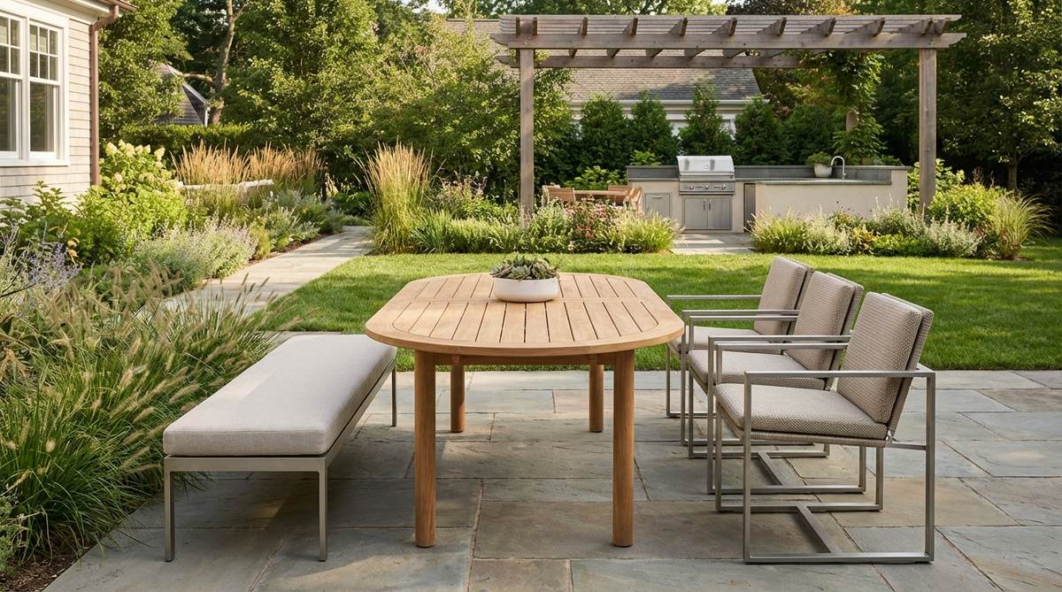 A contemporary garden setting featuring an oval table with a low-back bench on one side and individual chairs with arms on the other, creating a relaxed yet modern asymmetric silhouette ideal for family gatherings and narrow patios.