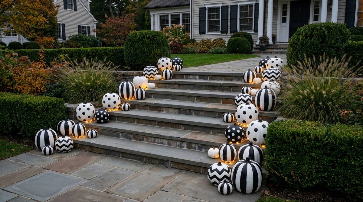 A sophisticated monochrome Halloween staircase decorated with alternating black and white painted pumpkins featuring bold patterns like stripes, polka dots, and chevrons. The design ensures clear visibility in low light and creates a striking visual rhythm while maintaining safe footing on outdoor steps.