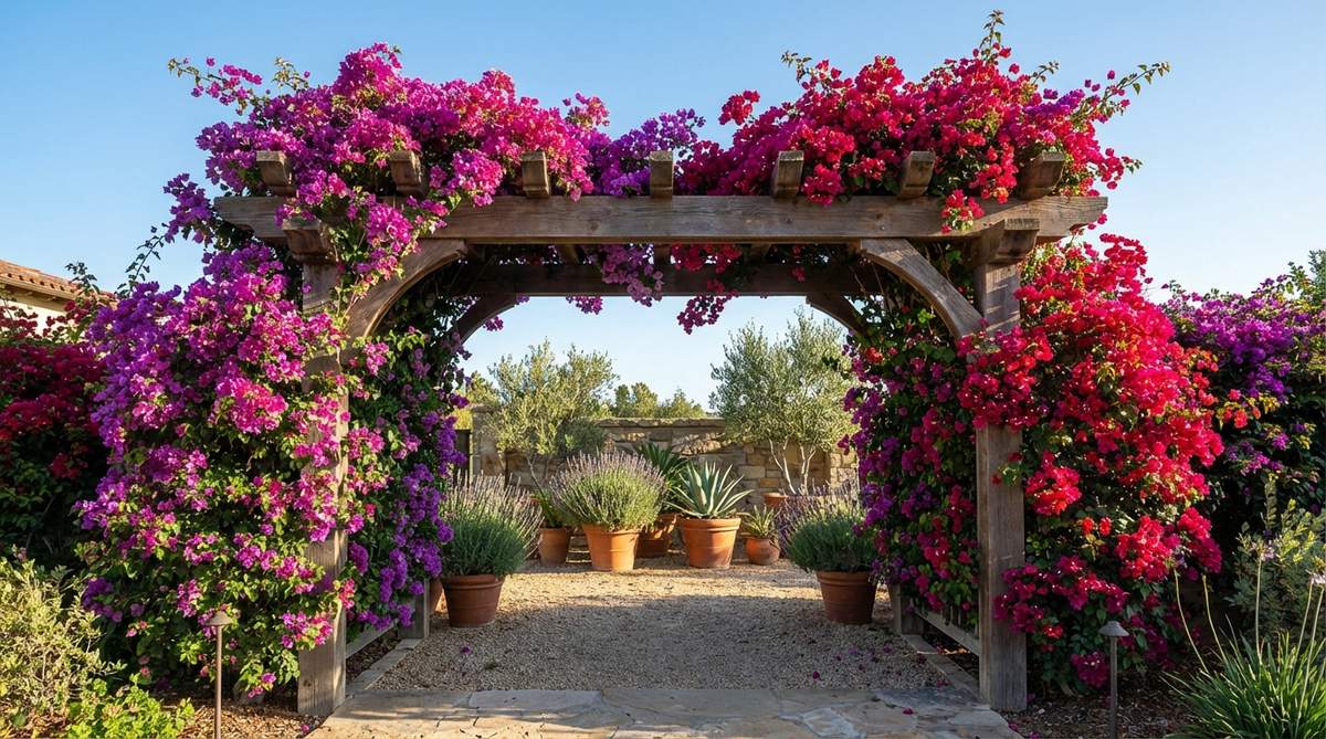 A vibrant bougainvillea-covered arbor framing a garden entrance, showcasing colorful papery bracts that provide long-lasting color with minimal water, ideal for Mediterranean garden design in zones 9-11.