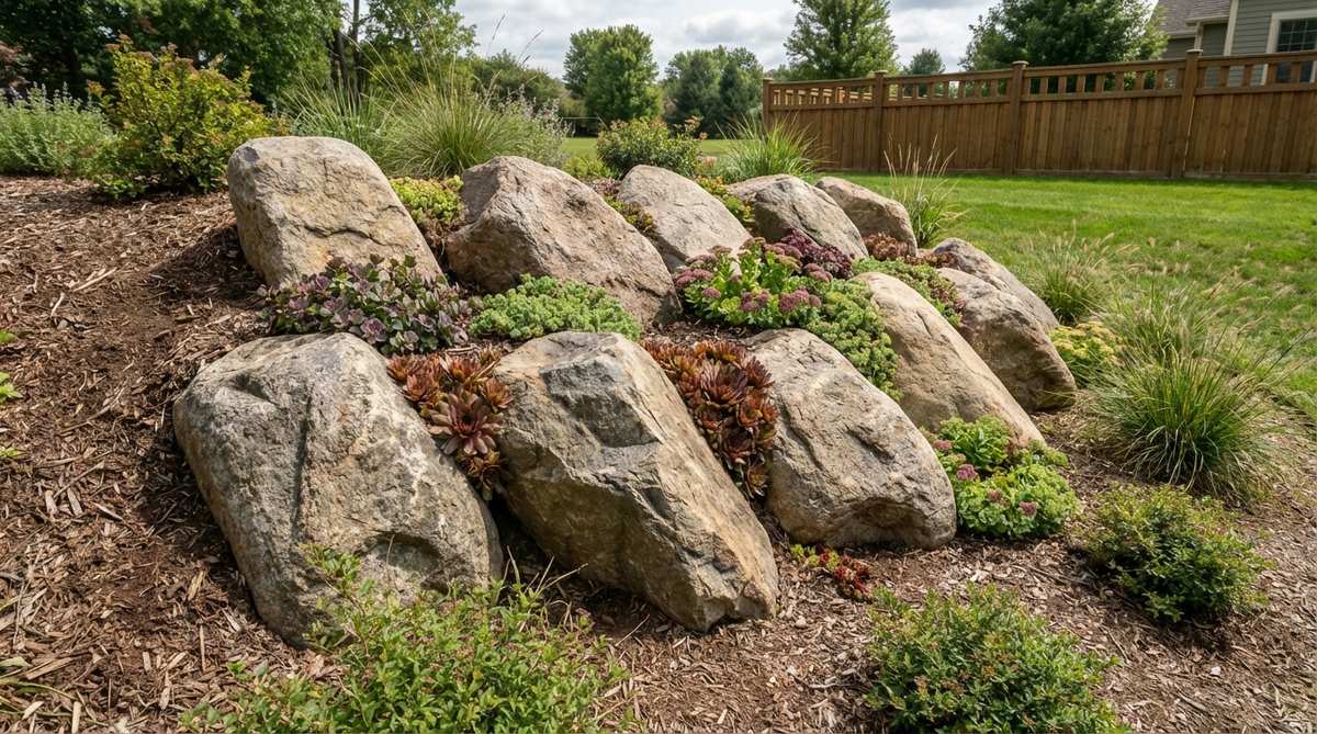 A naturalistic arrangement of five to nine boulders simulating geological formations, with sizes ranging from 200 to 2000 pounds for realistic scale. Stones are buried 30-40% and tilted slightly backward for stability, with sedums and sempervivums planted in crevices for integrated naturalism in a stone garden setting.