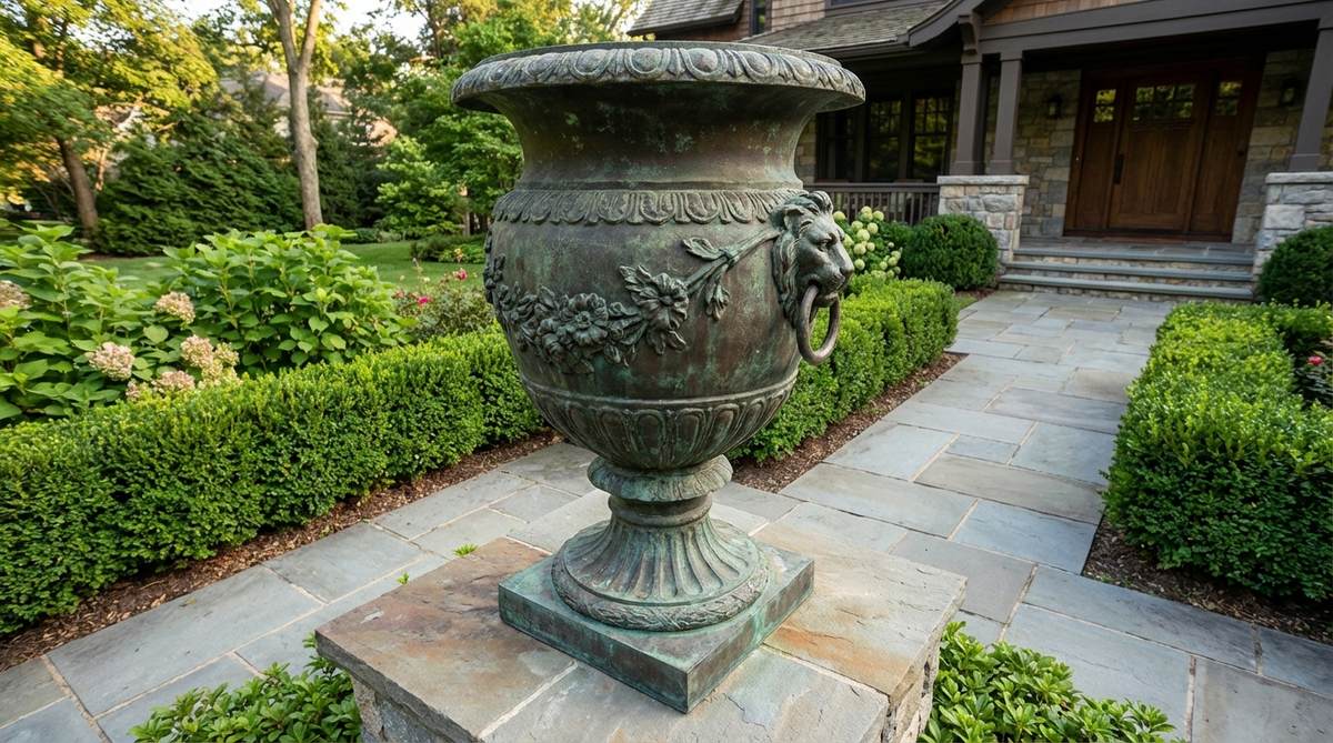 A classical bronze garden urn with decorative handles and relief work, featuring rich patina and elegant proportions suitable for flanking entrances or as focal points in garden decor.