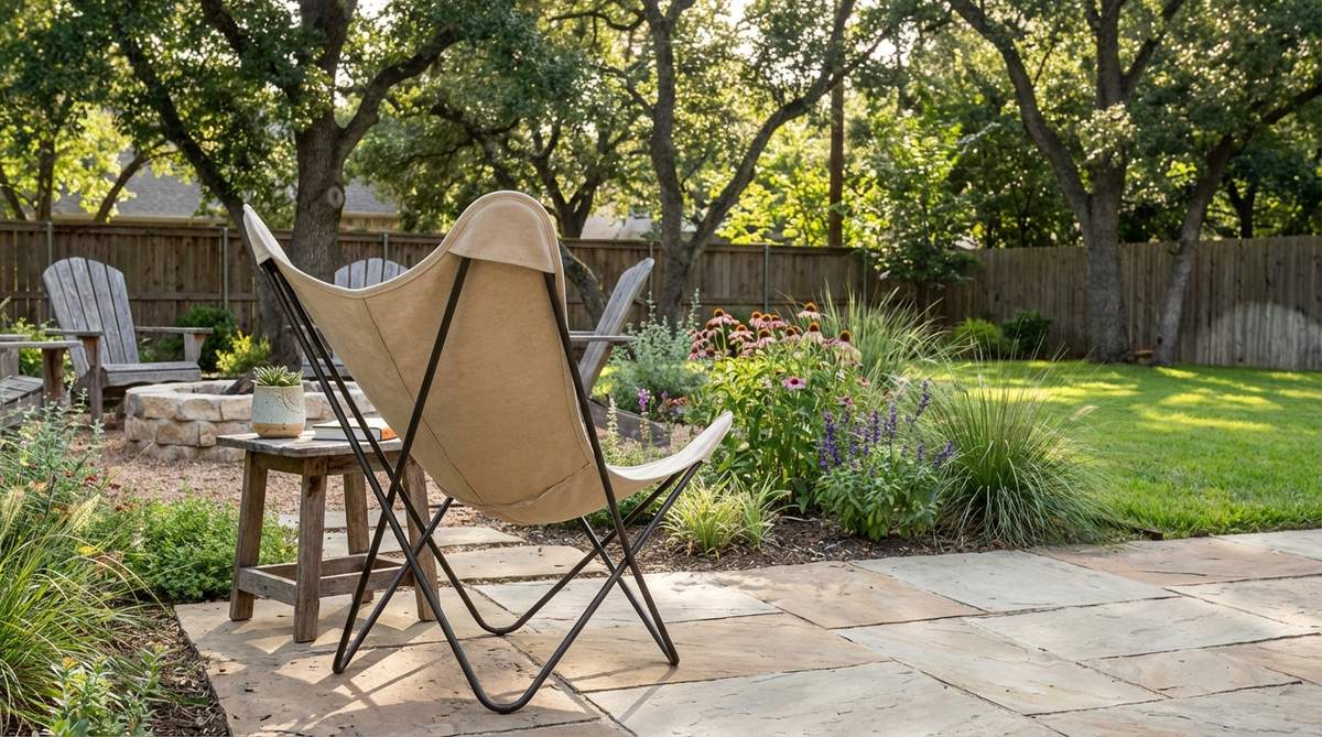 A modern butterfly chair with a distinctive folding frame and canvas sling, shown in a relaxed garden setting. The low seating position and contoured design provide comfort for casual gatherings, with the lightweight construction allowing easy movement between outdoor zones.