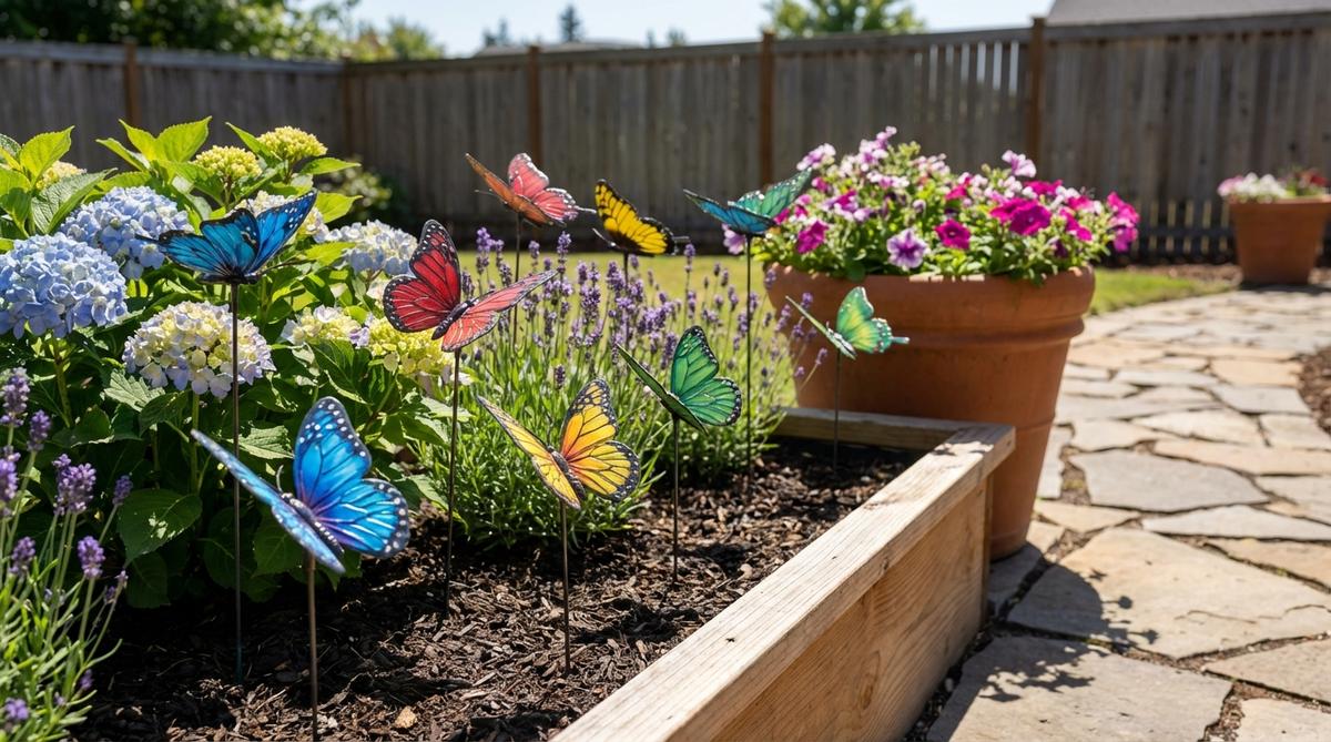 Colorful metal or resin butterfly stakes for garden decor, featuring varied species and wing positions that create lively compositions in flower beds or container gardens. UV-resistant paints maintain vibrant colors across seasons, with small-scale accents measuring 4-8 inches that move gently in the breeze.