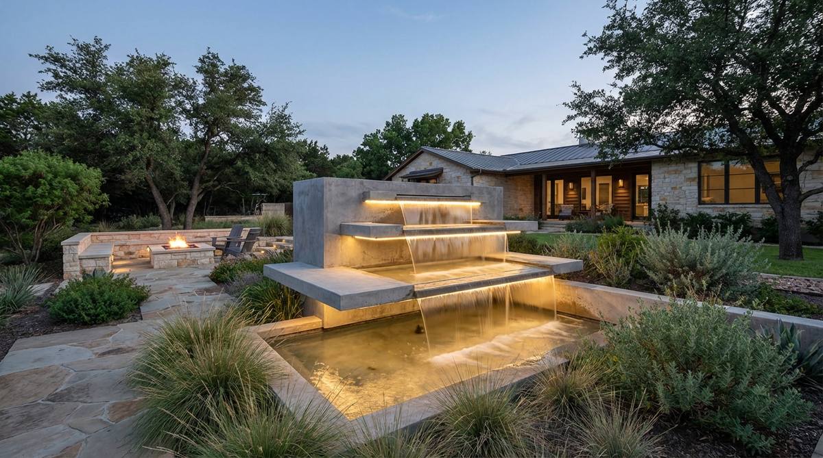A modern garden waterfall featuring stacked concrete planes that create graduated water descents, with smooth troweled finishes for laminar flow patterns and LED lighting beneath the water sheets for evening drama.
