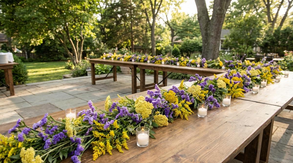 Long interconnected wildflower garlands cascading over banquet tables with votive candles, creating a natural boho wedding decoration featuring statice, yarrow, and solidago flowers.