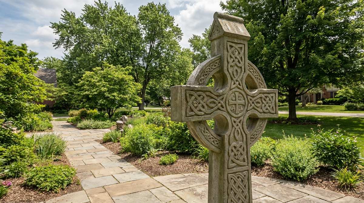 A detailed Celtic cross monument statue for gardens, featuring intricate carved knotwork patterns and Christian symbolism, ideal for memorial or historical landscapes.