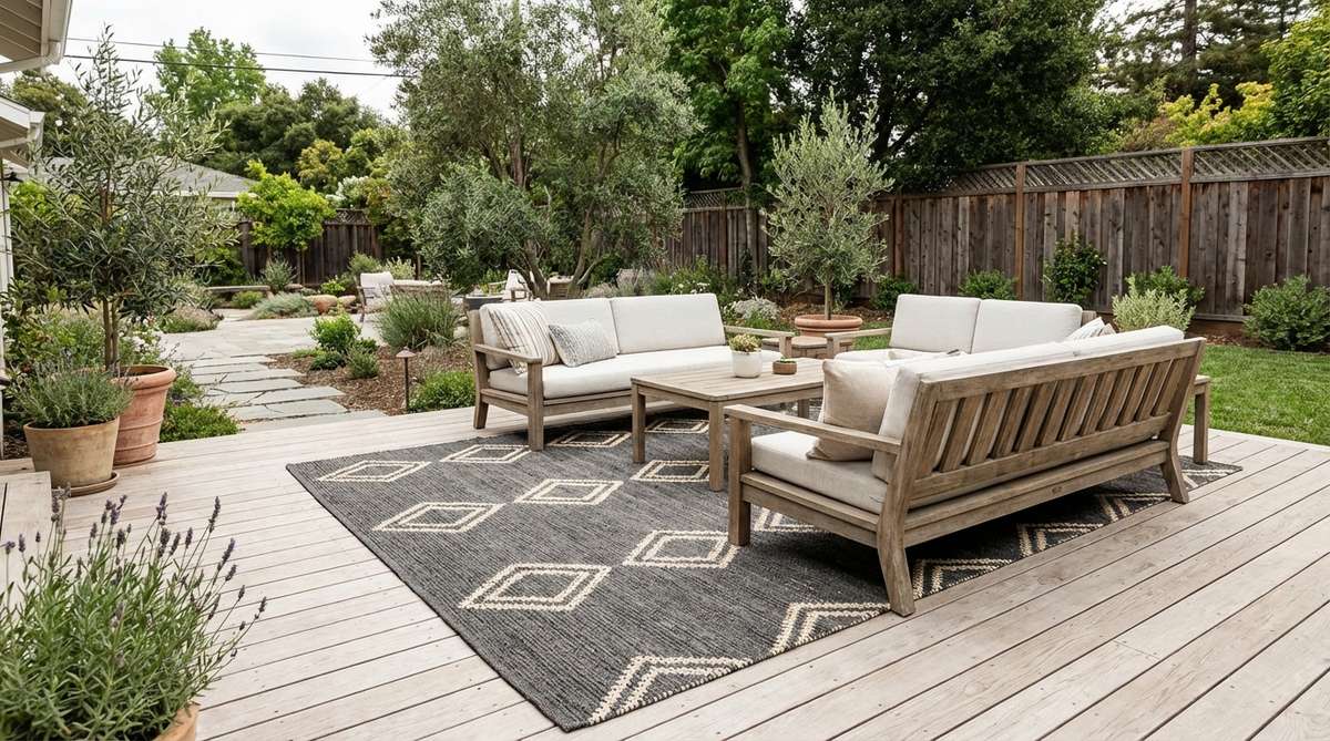 A high-pile or flatweave rug in charcoal with cream diamond or chevron patterns, perfect for anchoring a room with pattern and depth. Ideal for layering over light wood floors or under a jute rug to add texture dimension, it grounds furniture groupings while light accents prevent it from feeling heavy.